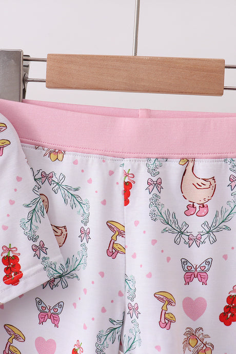Pink goose strawberry bow bamboo pajama set