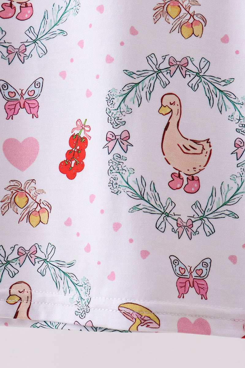 Pink goose strawberry bow bamboo pajama set