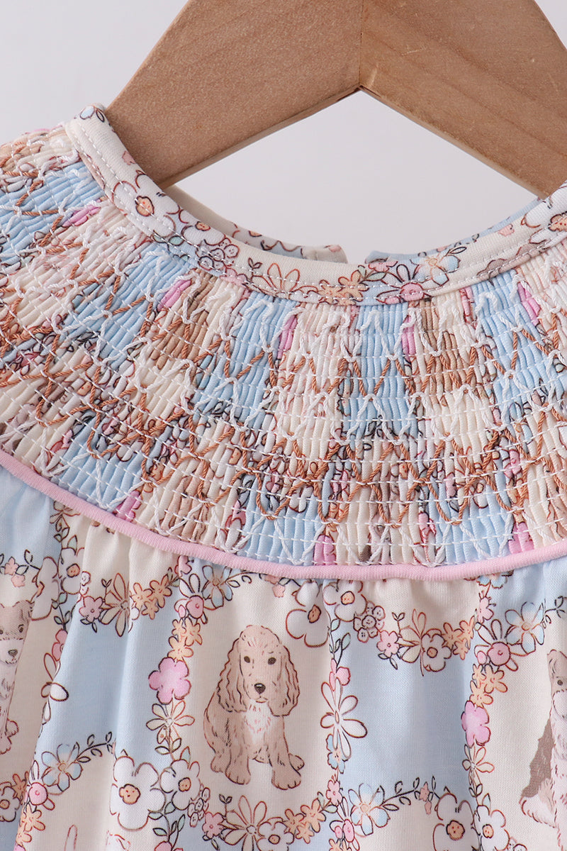 Pink puppy floral smocked ruffle bubble
