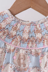 Pink puppy floral smocked ruffle bubble
