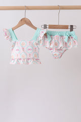 Green castle cream ruffle 2pc swimsuit