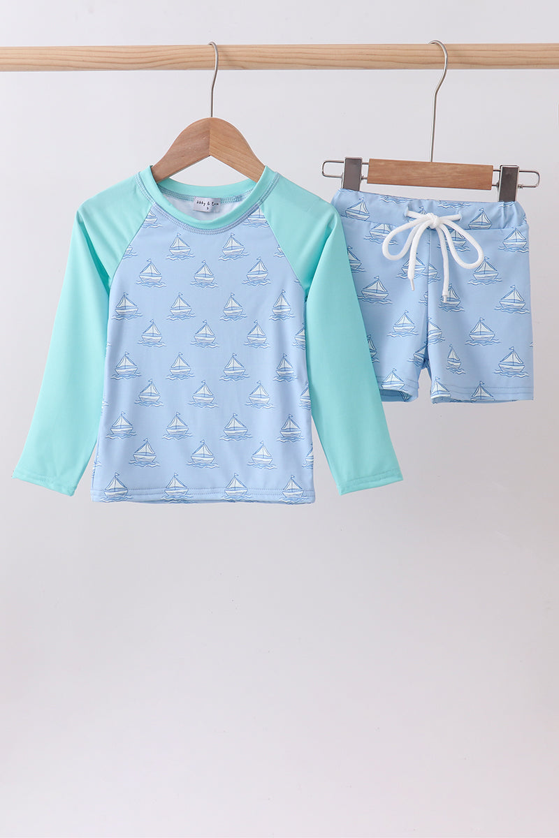 Mint sailboat print rashguard set