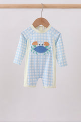 Blue crab applique plaid one-piece swimsuit