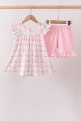 Pink bow castle ruffle shorts set