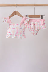 Pink bow castle ruffle 2pc swimsuit