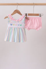 Rainbow stripe butterfly smocked ruffle bloomer set