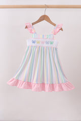 Rainbow stripe butterfly smocked ruffle dress