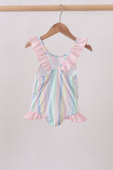 Rainbow stripe butterfly smocked ruffle one-piece swimsuit