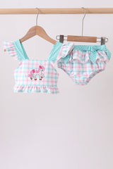 Green plaid horse applique 2pc swimsuit