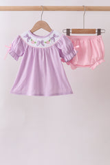 Lavender Smocked Embroidered Bow Jacquard Bloomer Set