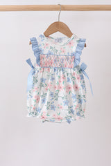 Blue Floral Smocked Ruffle Bubble