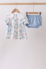 Blue Floral Smocked Ruffle Bloomer Set
