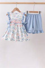 Blue Floral Smocked Ruffle Set