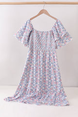Blue Floral Smocked Women Dress