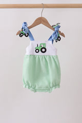Green Tractor Applique Seersucker Bubble