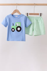 Blue Tractor Applique Seersucker Set