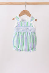 Green Stripe Smocked Bow Seersucker Bubble