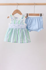 Green Stripe Smocked Bow Seersucker Bloomer Set
