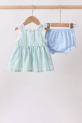Green Stripe Smocked Bow Seersucker Bloomer Set