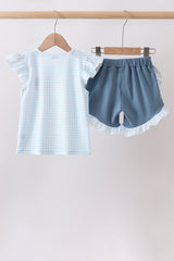 Blue Plaid Embroidered Bow Set
