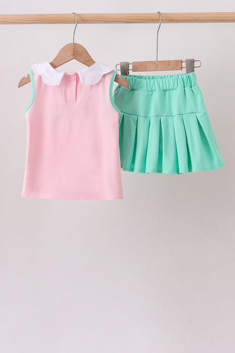 Pink apple bow embroidery skorts set