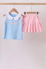 Blue pencil bow embroidery ruffle skorts set