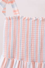 Multicolored Stripe Smocked Tiered Women Dress
