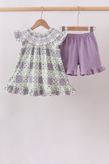 Purple Floral Smocked Bloomer Set