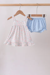 Blue Floral Print Ruffle Bloomer Set