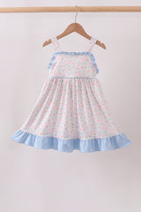Blue Floral Print Ruffle Dress