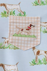 Blue Puppy Embroidered Pocket Romper