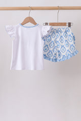 Blue Shells Embroidered Ruffle Shorts Set