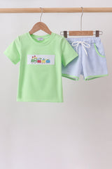 Green Train Embroidered Seersucker Set