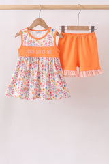 Coral Jesus Loves me Embroidered Floral Shorts Set