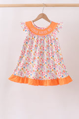Coral Jesus Loves me Embroidered Floral Ruffle Dress