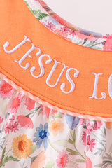 Coral Jesus Loves me Embroidered Floral Ruffle Dress