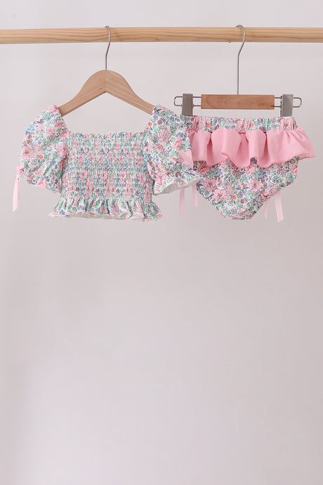 Pink Floral Smocked Swimsuit