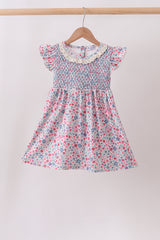 Blue Floral Smocked Ruffle Dress
