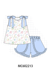 Blue Hydrangea Ruffle Shorts Set