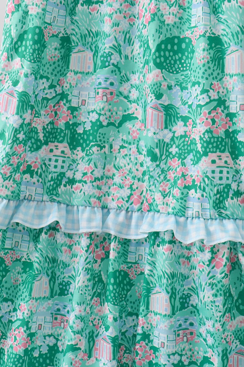 Green house floral Smocked Tiered Mom Dress