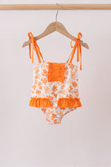 Orange Floral Print Ruffle Swimsuit