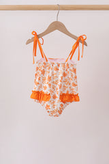 Orange Floral Print Ruffle Swimsuit