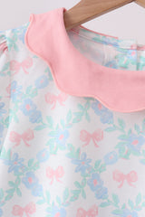 Pink Floral Bow Print Scalloped Shorts Set