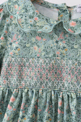 Green Floral Smocked Dress