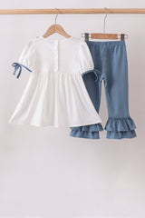 Blue Apple Crayon French Knot Ruffle Pants Set