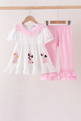Pink Prayer Embroidery Ruffle Pants Set
