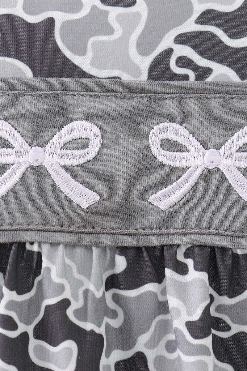 Grey Camouflage Bow Embroidery Ruffle Bubble