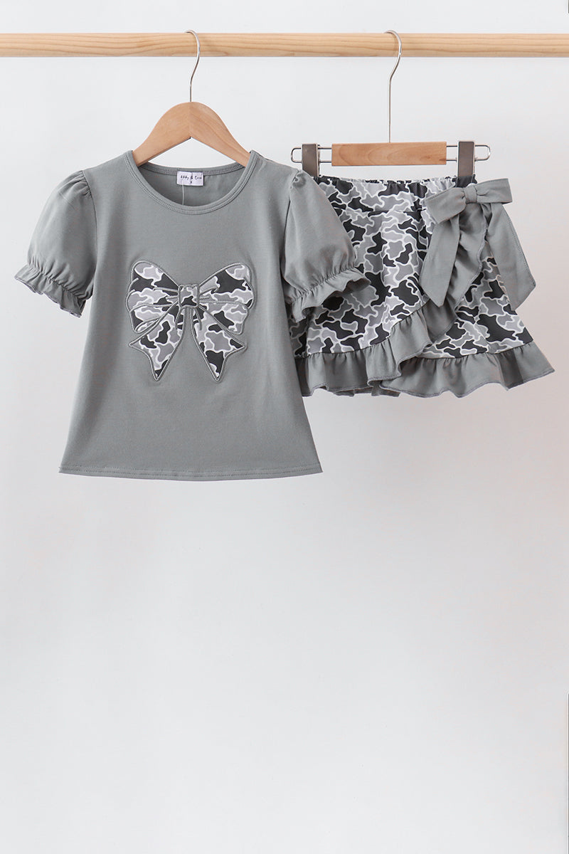 Grey Camouflage Bow Embroidery Ruffle Skorts Set