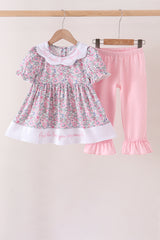 Pink Floral Embroidery Ruffle Pants Set