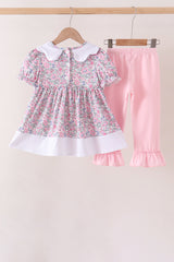 Pink Floral Embroidery Ruffle Pants Set